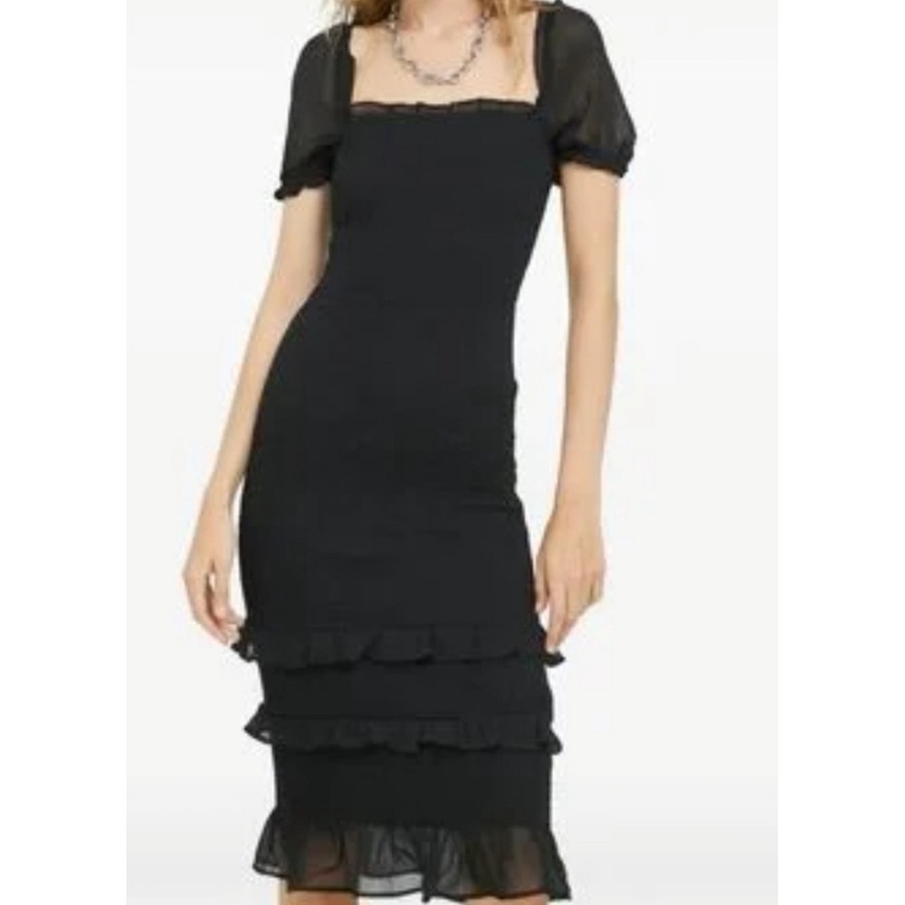 Abercrombie & Fitch Smocked Dress Womens S Petite Black Ruffle Midi LBD Coquette